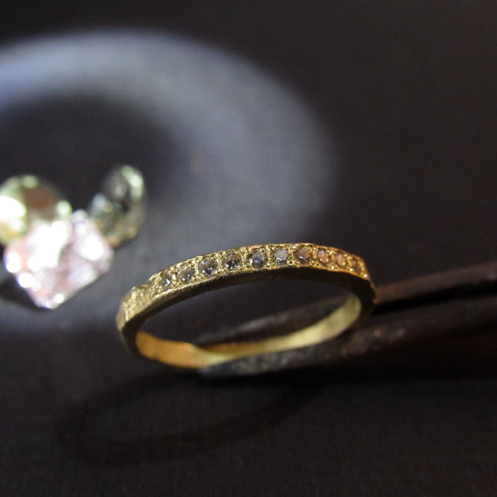 Diamond Ring. 14k Yellow Gold Ring With 10 White Diamonds .Unique Handmade Ring